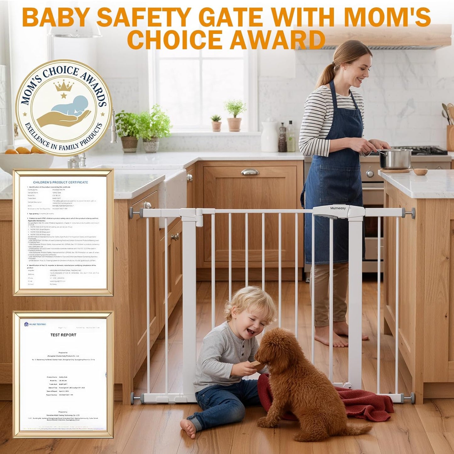 Mumeasy 29.7-46" Baby Gate for Stairs, Pressure Mounted Dog Gate for Doorways, Auto Close Walk Through Pet Gate Indoor, Extra Wide Metal Child Safety Gate, Mom's Choice Awards Winner, Black