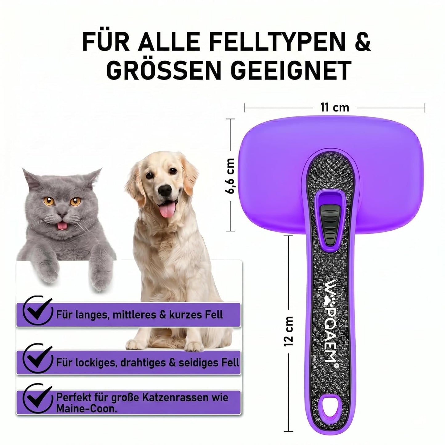 One-Button Self Cleaning Pet Brush for Dogs & Cats, Skin-Friendly Detangling & Shedding Tool for Long and Short Hair, Retractable Grooming Comb, Purple