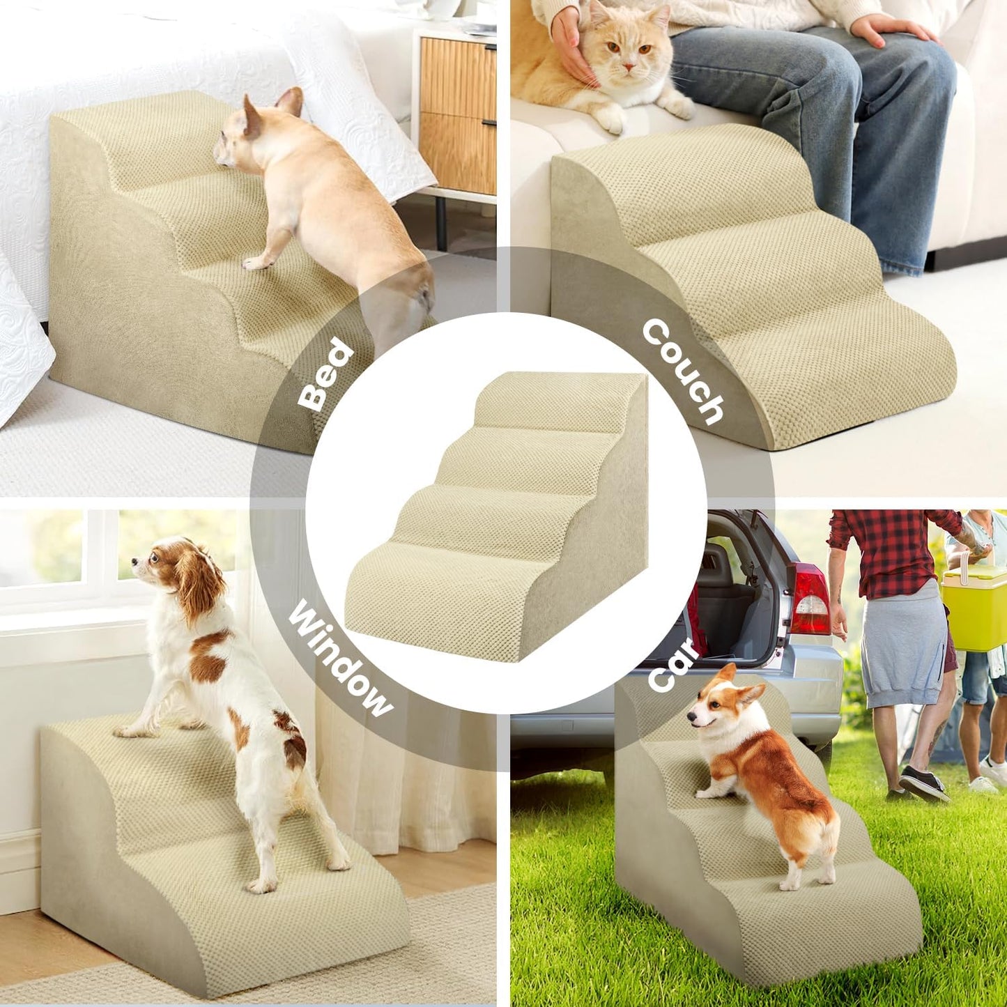 Dog Stairs for Small Dogs, 3 Tiers High Density Foam Dog Ramp, Extra Wide Non-Slip Pet Steps for High Beds Or Couch, Soft Foam Doggie Ladder for Dogs Injured, Older Pets, Small Cats