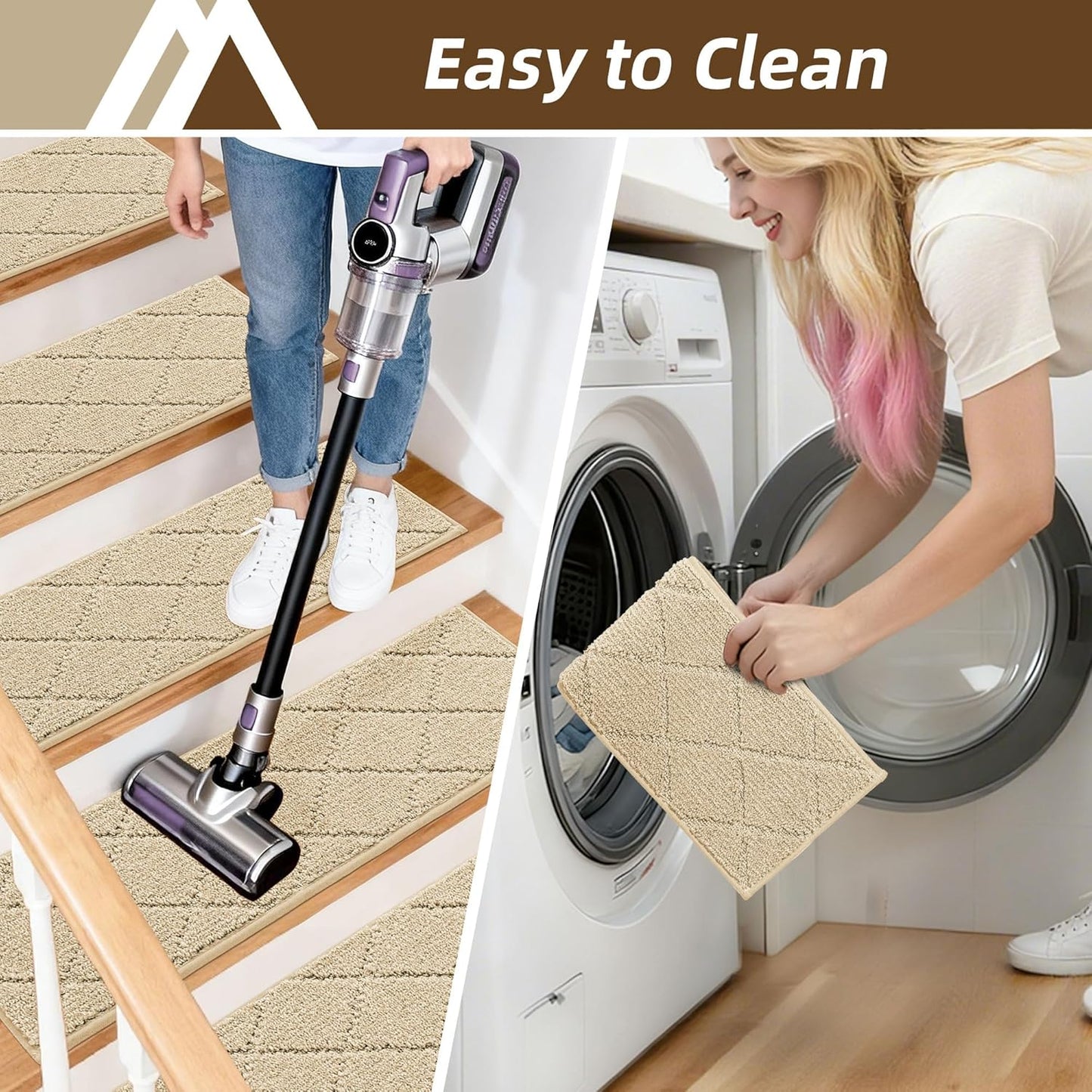 COSY HOMEER Edging Stair Treads Non-Slip Carpet Mat 28inX9in Indoor Stair Runners for Wooden Steps, Edging Stair Rugs for Kids and Dogs, 100% Polyester TPE Backing (7pc, Beige)