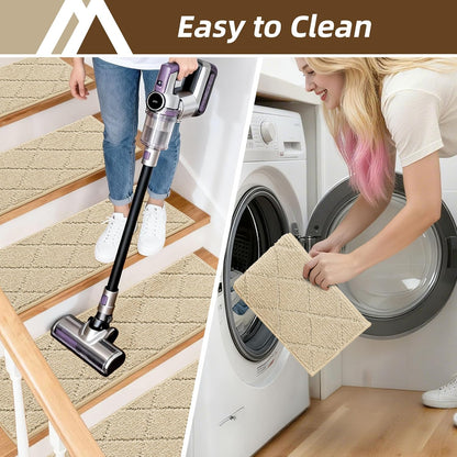 COSY HOMEER Edging Stair Treads Non-Slip Carpet Mat 28inX9in Indoor Stair Runners for Wooden Steps, Edging Stair Rugs for Kids and Dogs, 100% Polyester TPE Backing (7pc, Beige)