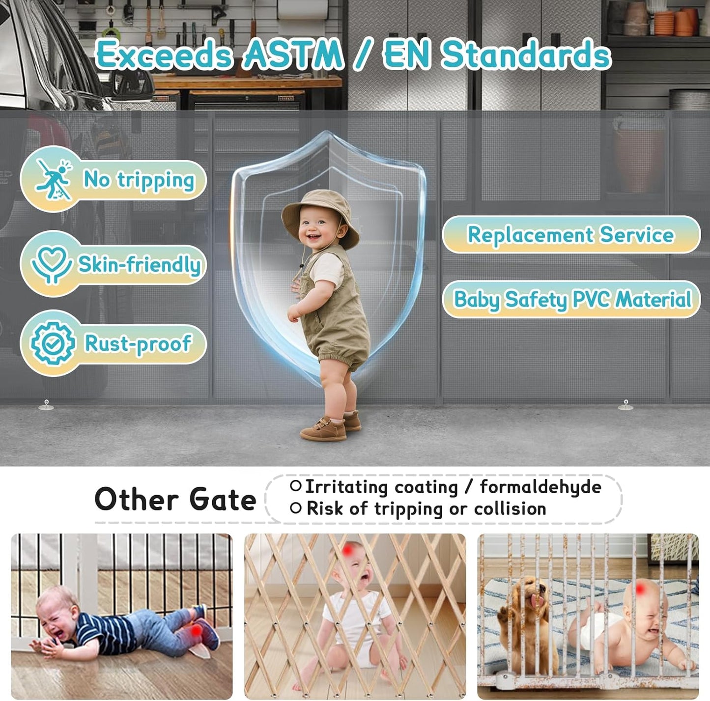 160 Inch Retractable Baby Gates Extra Wide, 42 Inch Extra Tall Retractable Gate, 13 FT Reinforced Retractable Dog Gate with Reinforcement Rod to Prevent Crawling Through, for Doorways, Stairs, Hallway