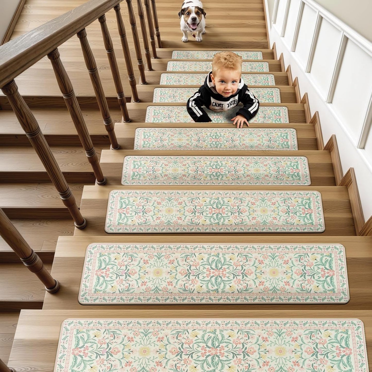 OJIA Floral Stair Treads Non-Slip Stair Runner for Wooden Steps Indoor 15PCS 30"x8" Carpet Stair Treads Stair Mats Staircase Step Treads for Kids, Elders and Dogs, Stair Covers, Black