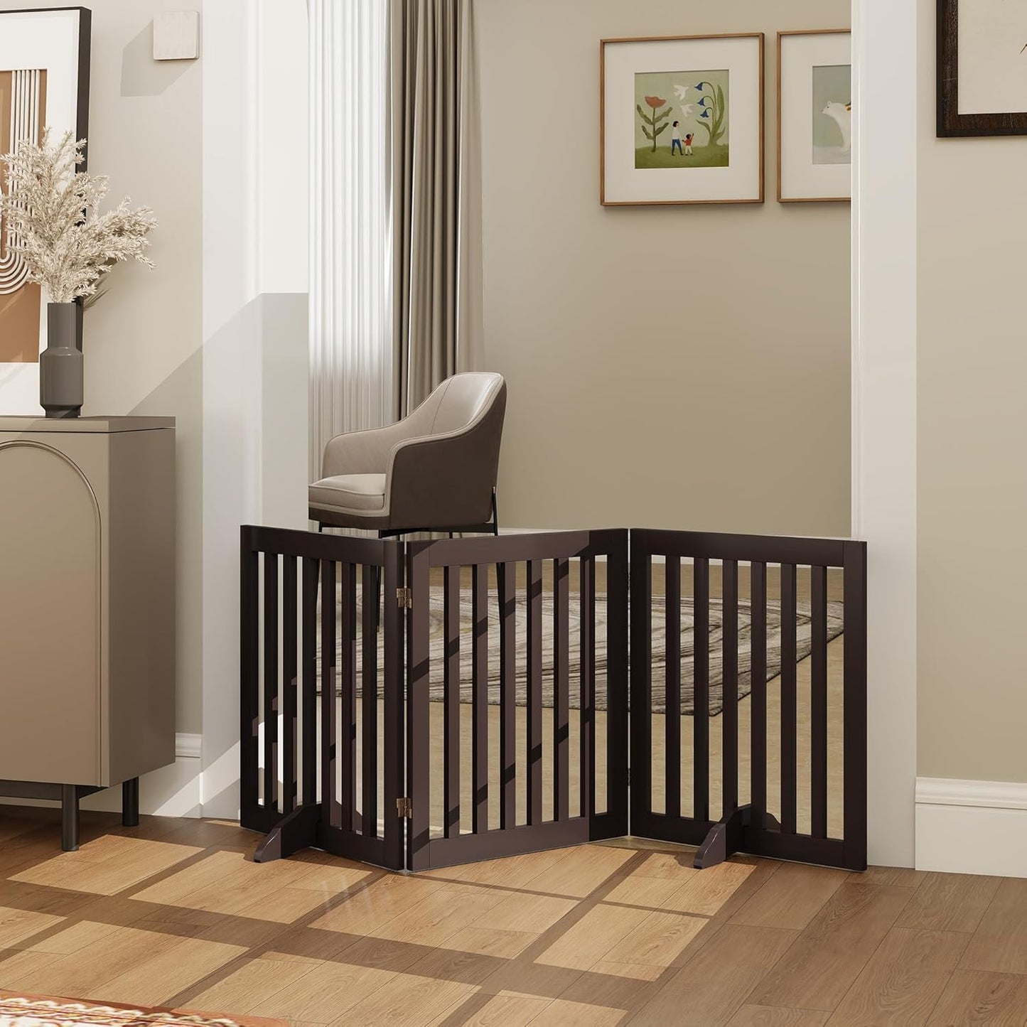 PUPETPO 24”H Freestanding Wooden Pet Gate, Dog Gate for Stairs, Doorways, and Hallways, Step Over Foldable Pet Fence for Indoor Use, Support Feet Included, 60 inch Wide 3 Panels, Grey