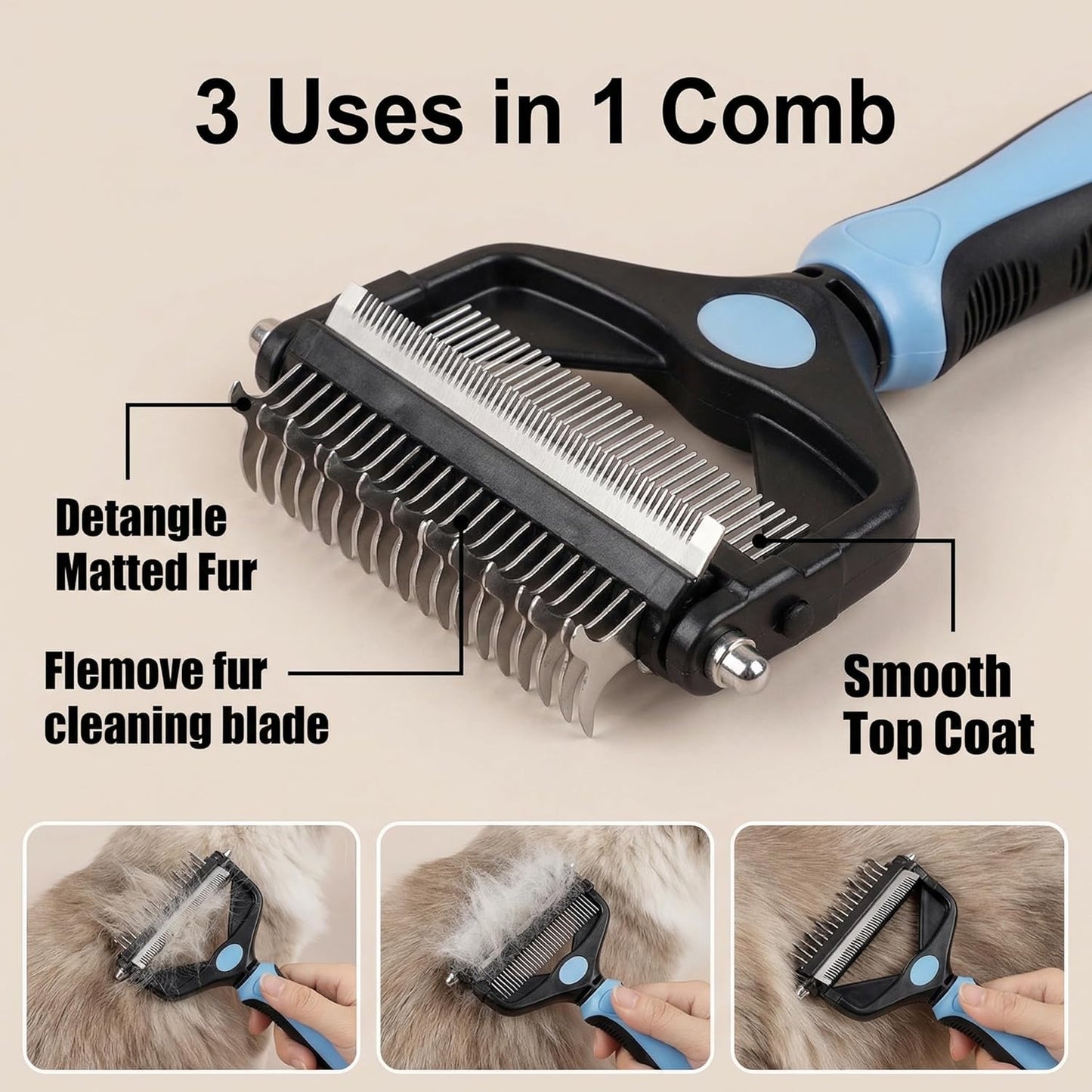 Title3-in-1 Pet Grooming Brush Dematting Comb – Double-Sided Deshedding Rake for Dogs Cats, Professional Undercoat Tool for Mats Tangles Loose Fur