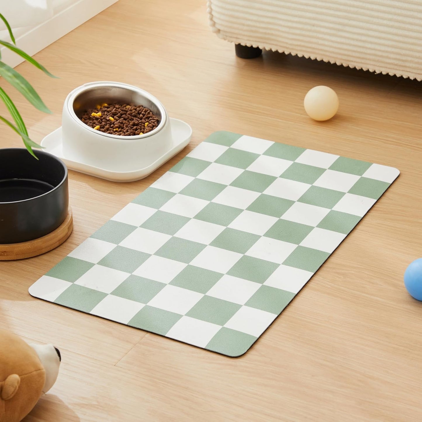 Checkered Dog Feeding Mat, Absorbent Mats for Dog Food and Water Bowl, Dispenser, Retro Aesthetic Khaki Beige Checkerboard Pet Placemat for Dogs, Cats, Puppy Accessories, 12" X 19”