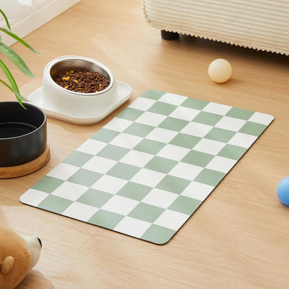 Checkered Dog Feeding Mat, Absorbent Mats for Dog Food and Water Bowl, Dispenser, Retro Aesthetic Khaki Beige Checkerboard Pet Placemat for Dogs, Cats, Puppy Accessories, 12" X 19”