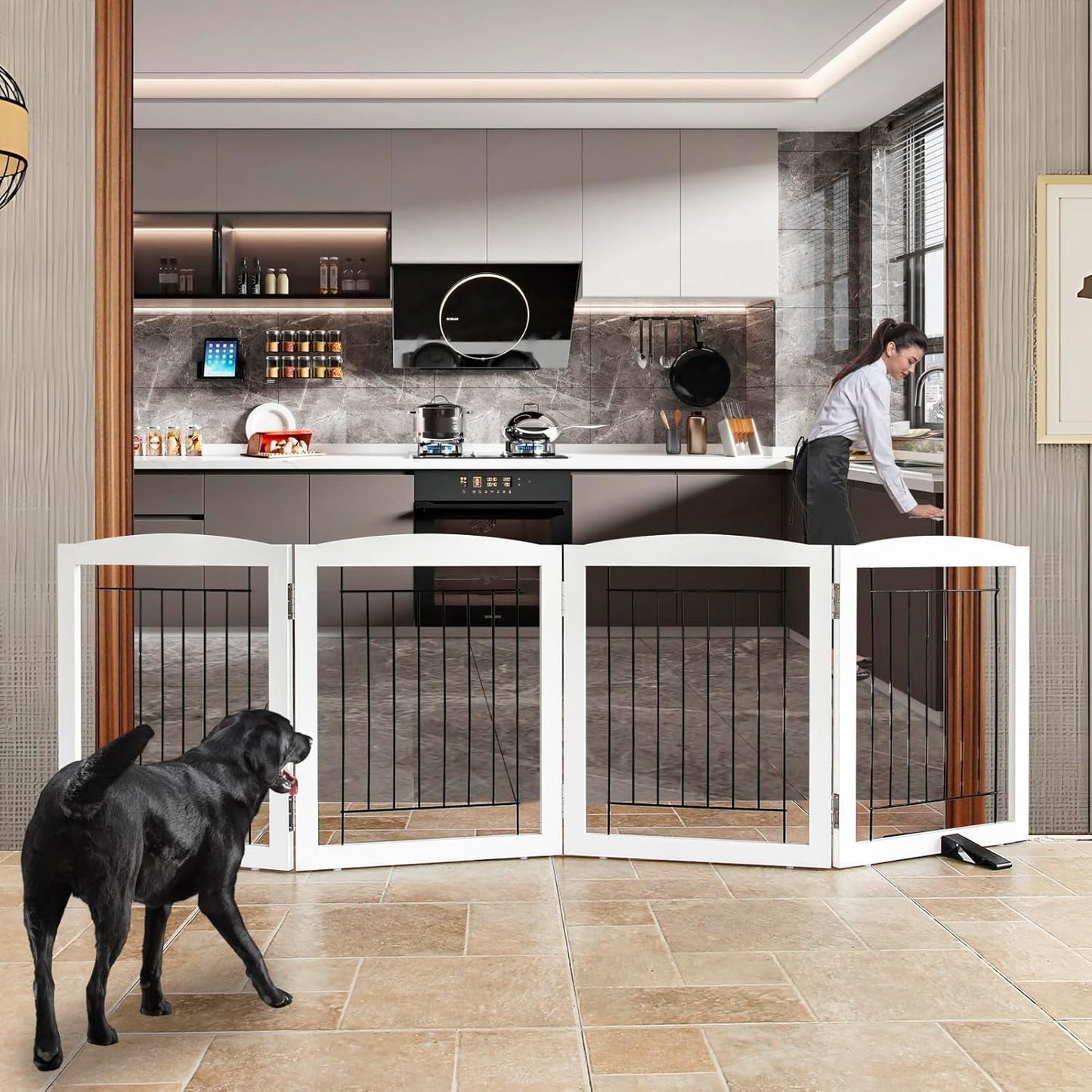 ZJSF Freestanding Dog Fence Indoor, Foldable Dog Gate for Doorways, Stairs or Hallways, Sturdy Wood Extra Wide Pet Gate with Support Feet for The House, White, 24 "Height-3 Panels