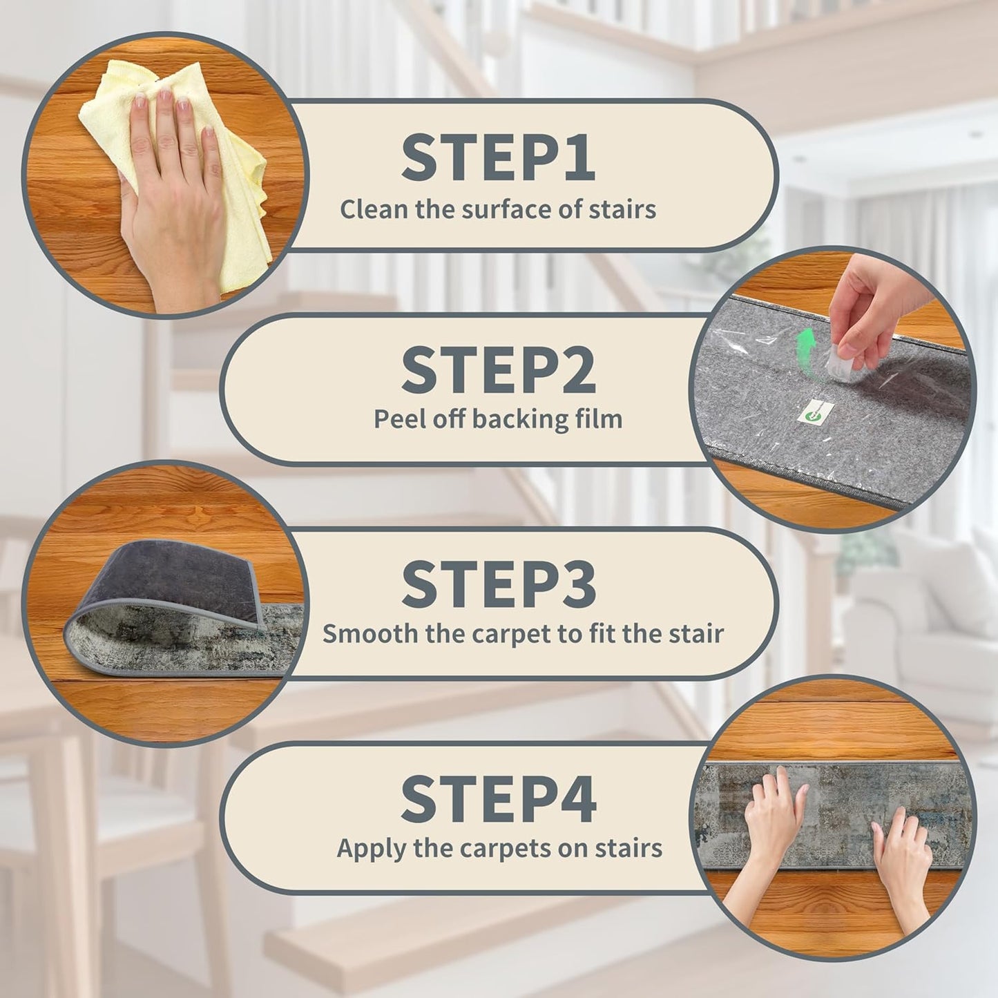 Non-Slip Stair Treads for Wooden Steps 15pcs,8"x30" Stair Carpet Treads for Indoor Use,Peel and Stick Stair Runners,Washable Reusable Adhesive Backing,Pet-Friendly Stair Capet for Kids,Elders,Dogs