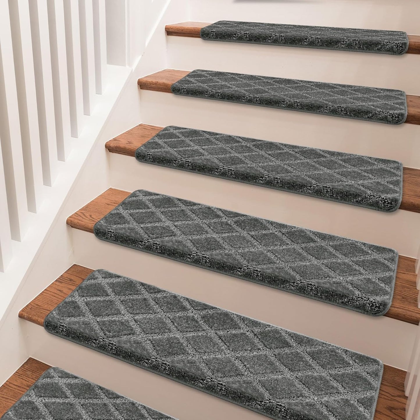 PURE ERA Bullnose Carpet Stair Treads Set Tape Free Non-Slip Indoor Stair Protectors Pet Friendly Rugs Covers Soft Skid Resistant Washable Reusable 9.5" x 30"(14 Pieces,Cream Gray)