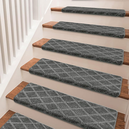 PURE ERA Bullnose Carpet Stair Treads Set Tape Free Non-Slip Indoor Stair Protectors Pet Friendly Rugs Covers Soft Skid Resistant Washable Reusable 9.5" x 30"(14 Pieces,Cream Gray)