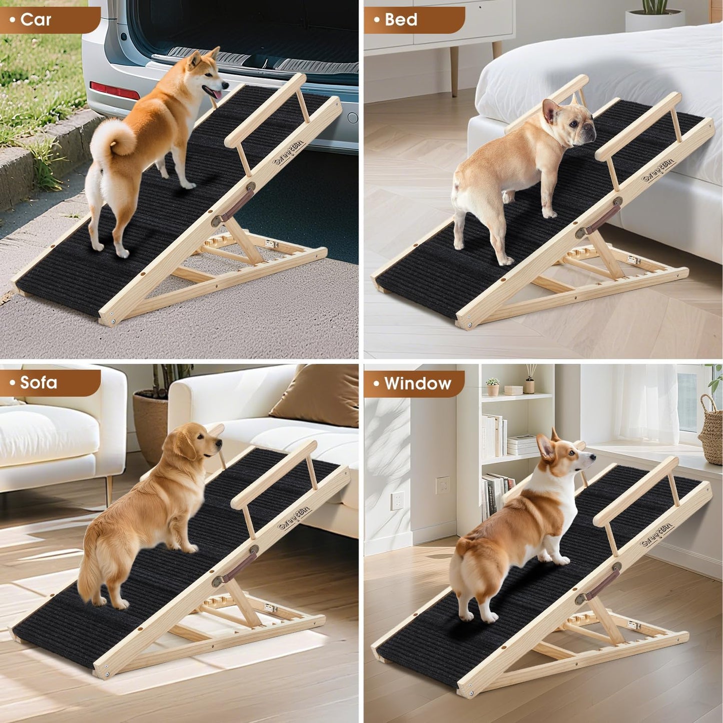 Dog Ramp for Bed - Foldable Small to Large Dog Ramp for Couch - 6 Adjustable Height from 12" to 24" - Stairs with High Traction Mat - Wooden Portable Ramp for Dogs to Get on Bed Couch Car Up to 200LBS