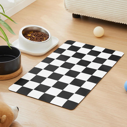 Checkered Dog Feeding Mat, Absorbent Mats for Dog Food and Water Bowl, Dispenser, Retro Aesthetic Khaki Beige Checkerboard Pet Placemat for Dogs, Cats, Puppy Accessories, 12" X 19”