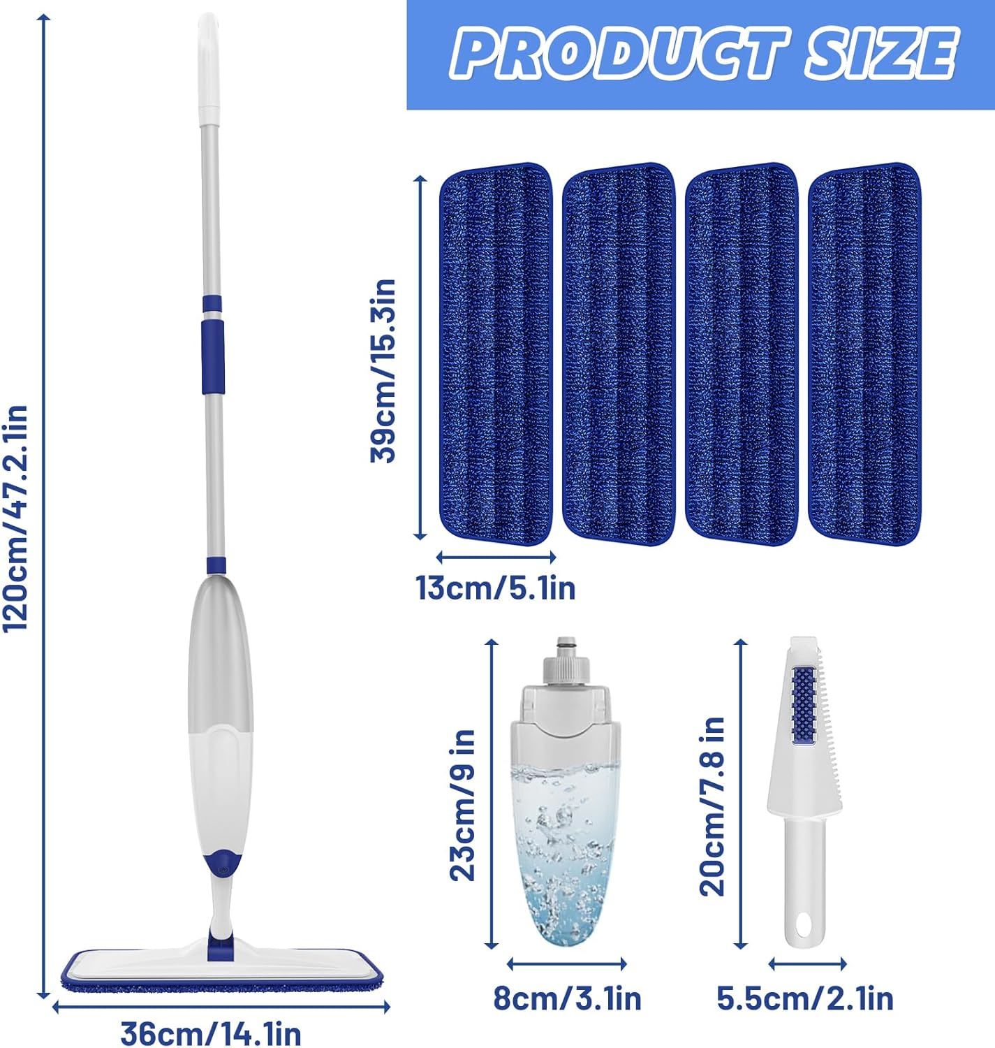 HOMTOYOU Spray Mops for Floor Cleaning: Wet Mop for Hardwood Tile Wood Laminate Vinyl - 3 Washable Microfiber Pads for Swiffer Powermop - Absorbs Pet Hair Dust