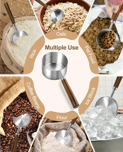 Stainless Steel Dog Food Scoop 1 Cup, Dog Food Measuring Cup With Measuring Lines (Cup/ML) & Long Wooden Handle, Metal Pet Food Scoop For Dogs, Cats and Kitchen Use, Dishwasher Safe