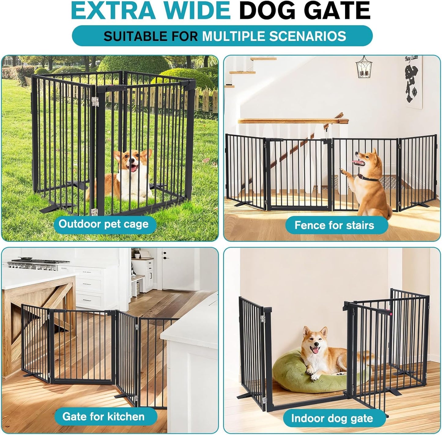 Snagle Paw Extra Wide Dog Gate,Free Standing Dog Fence with Door, Up to 104 Inch Wide Pet Gate with Support Feet for Stairs, Hallways, Doorways, Yard (Black, 4 Panels)