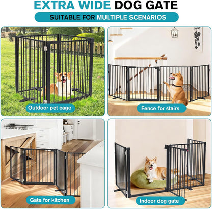 Snagle Paw Extra Wide Dog Gate,Free Standing Dog Fence with Door, Up to 104 Inch Wide Pet Gate with Support Feet for Stairs, Hallways, Doorways, Yard (Black, 4 Panels)