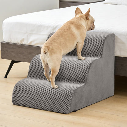 DUMOS Dog Stairs for Small and Medium Dogs, 3-Step Pet Steps with High-Density Foam, Indoor Non-Slip Pet Ramp for Puppy and Older Dogs Cats, Dog Bed Stairs for Couch and Sofa, Grey