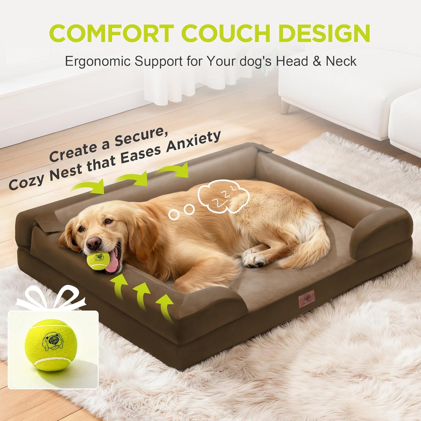 Extra Large Dog Bed, Orthopedic XL Washable Memory Foam Bed for Big Dogs Waterproof Pet Couch Sofa Bolster with Removable Cover, Non-Slip Bottom, Tennis Ball Toy, 42x30