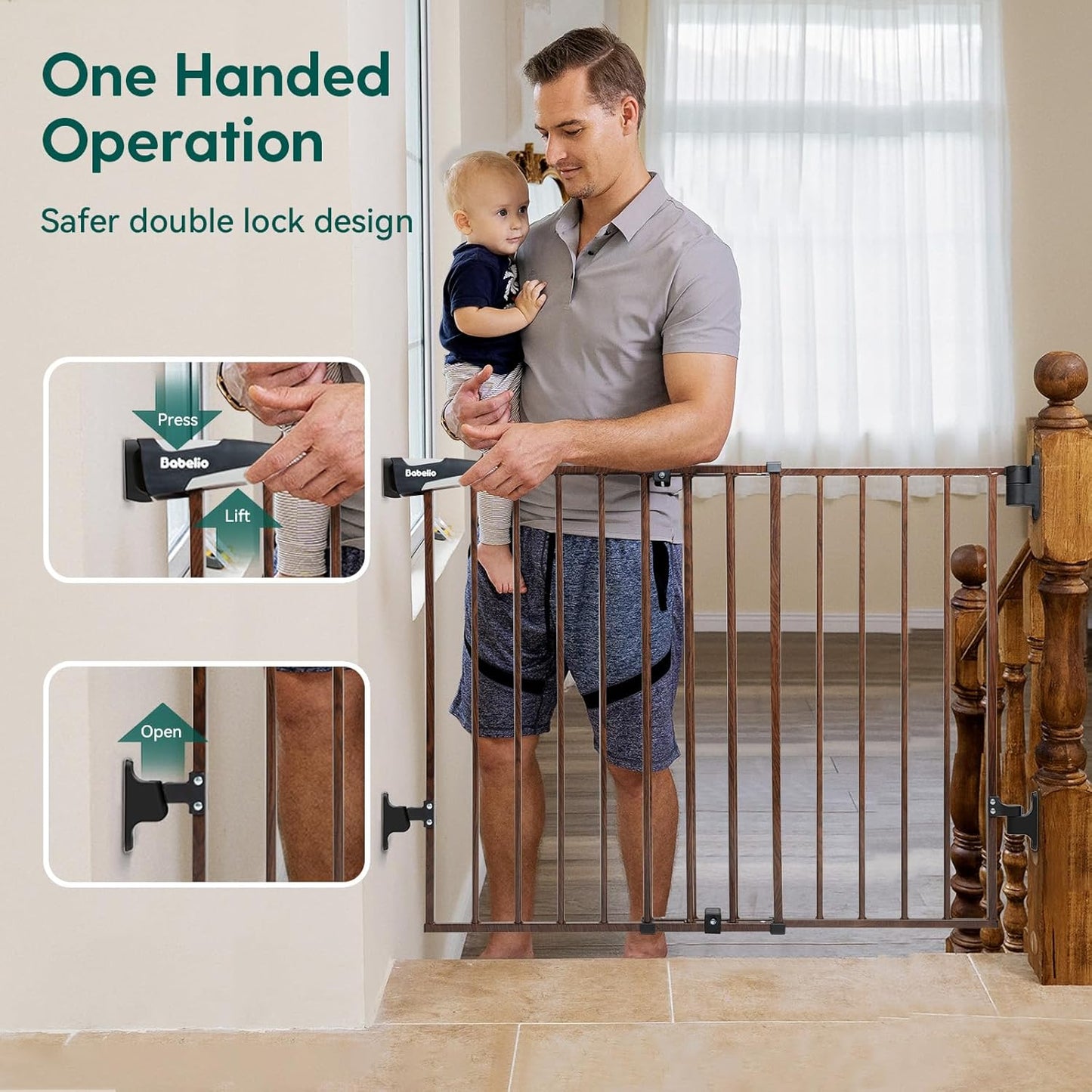 Babelio Baby Gate for Stairs, Kitchen & Doorways, 26-43" W 28" H No Bottom Bar| Easy Installation| One-Handed Operation| Auto-Close| Hardware Mount (Drill Needed) Safety Dog/Pet Gate Indoor (White)