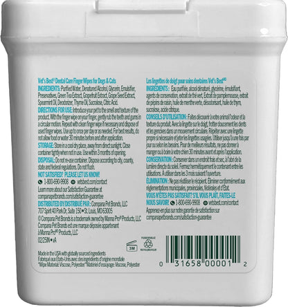 Vet's Best Finger Dental Wipes for Dogs and Cats – Oral Care Wipes for Teeth Cleaning, Fresh Breath, and Tartar Control – Gentle Finger Pads for Pet Dental Hygiene and Plaque Removal – 50 Count