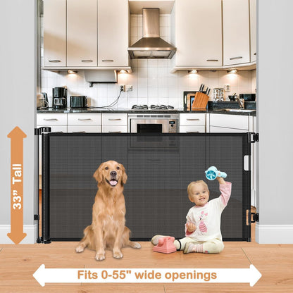 Retractable Dog Gate for The House 33" Tall X 55" Wide Mesh Baby Gate Retractable Baby Gates for Doorways Scratch-Resistant Outdoor Dog Gates Indoor Prevent Kids or Pets from Crawling Under, Gray