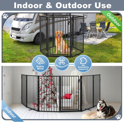 Metal Freestanding Dog Gates with Door for Outdoor Indoor,80'' Extra Wide 32'' Tall Free Standing Dog Gate for Doorways,Large Openings,Deck,Yard,Foldable Safety Pet Fence(Black,4 Panels)