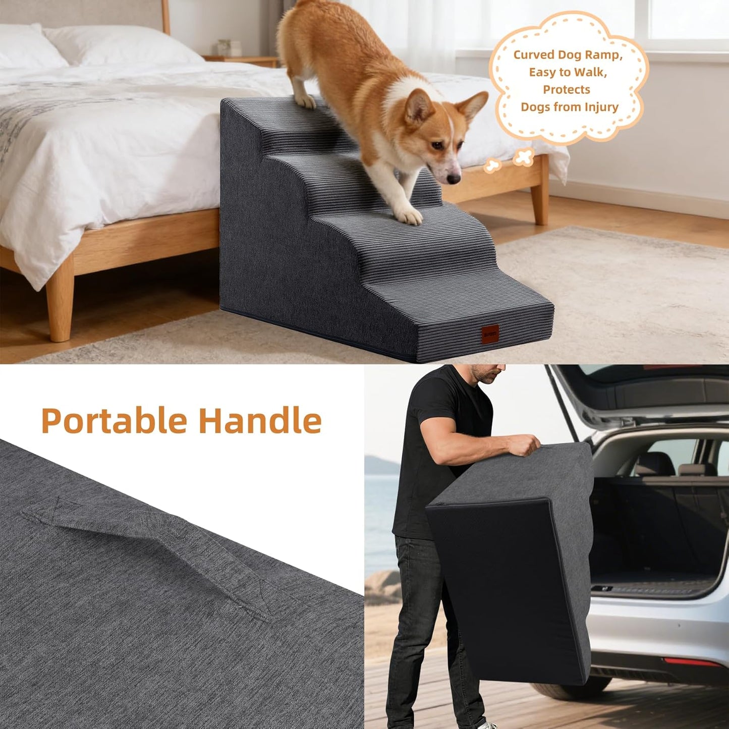 Dog Stairs for Small Dogs and Cats, 15.7" H, 3-Step Curved Pet Ramp for Couch Sofa and Chair, Non-Slip Medium Pet Steps with High Density Foam, Beige