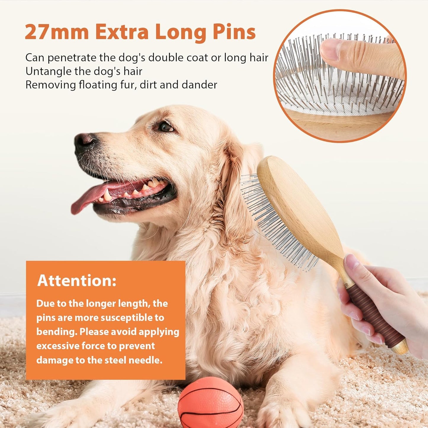 Dog Brush for Long Haired Dogs, 27mm Extra Long Metal Pin Dog Deshedding Brush and Comb Set, Short Haired Shedding Grooming Detail Pets Brush Set with Rubber Handle