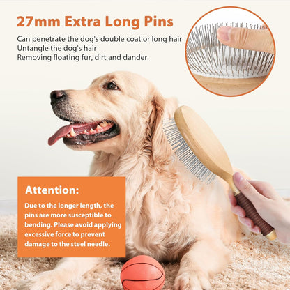 Dog Brush for Long Haired Dogs, 27mm Extra Long Metal Pin Dog Deshedding Brush and Comb Set, Short Haired Shedding Grooming Detail Pets Brush Set with Rubber Handle