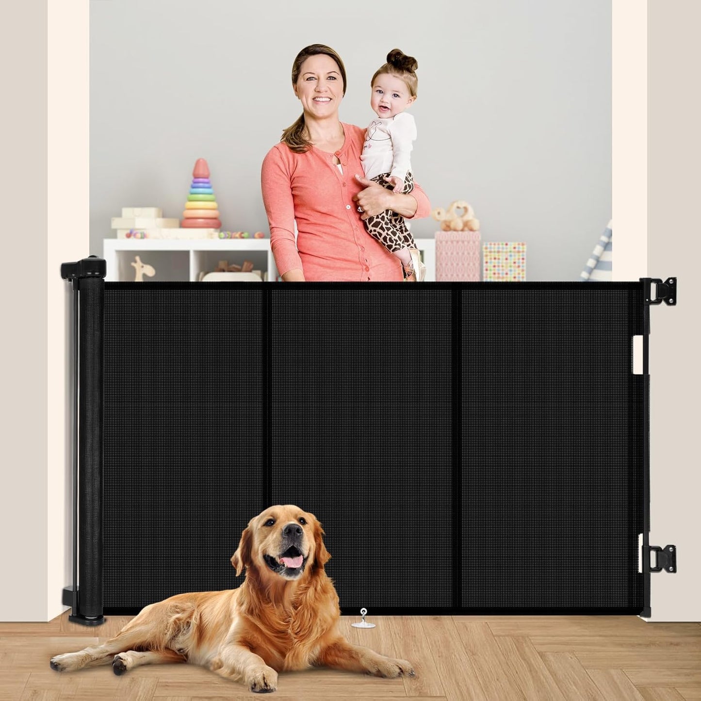Miumoon 150 inch Retractable Baby Gates 42 inch Tall, Retractable Gate with Reinforced Strip Design to Prevent Crawling Through, 12 FT Extra Wide Retractable Dog Gate for Indoor/Outdoor