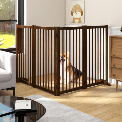 36" H Freestanding Dog Gate, Solid Wood Foldable Pet Gate with Support Feet, Wooden Tall Dog Gate for Doorway, Stairs & Indoor Use, 60" Wide Expandable Pet Fence, 3 Panels, Walnut