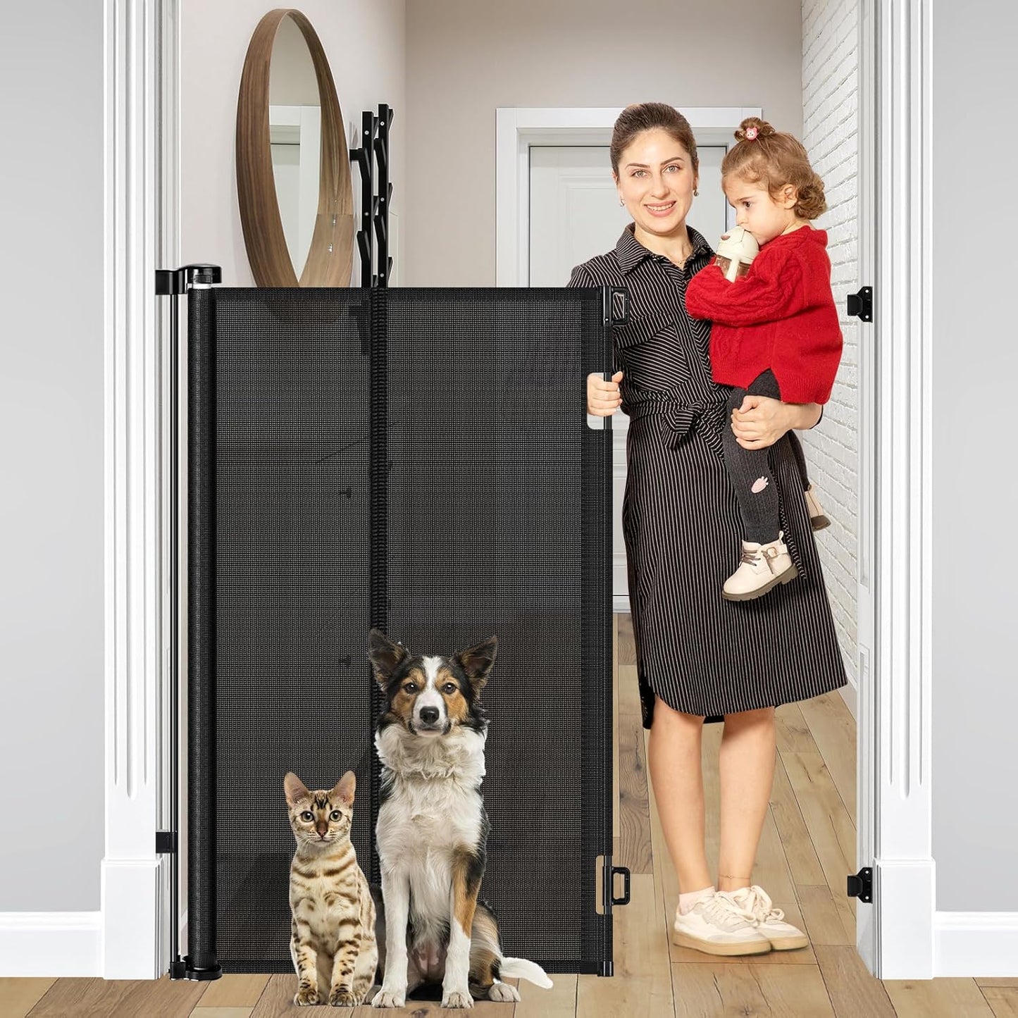 Reinforced 48" Extra Tall Pet Gate with Support Rods, 4 Ft Tall Retractable Baby Gates for Doorways 55" Wide Mesh Dog Gate Indoor Outdoor - Prevent Baby/Pet from Jumping Over, Black