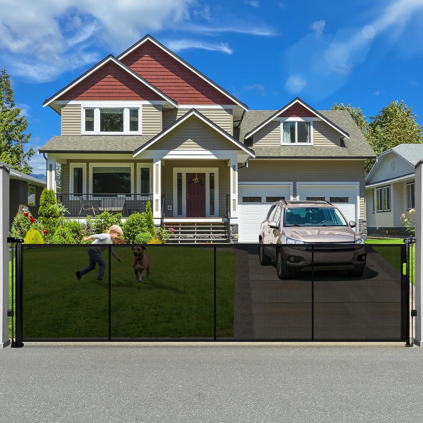 236" Retractable Baby Gate Extra Wide, 41" Tall Retractable Dog Gate for Stairs, Doorways, Decks, Mesh Gate Long Child Gate Pet Gate for Indoor, Outdoor, with Reinforced Mesh Rods, Dual Locks