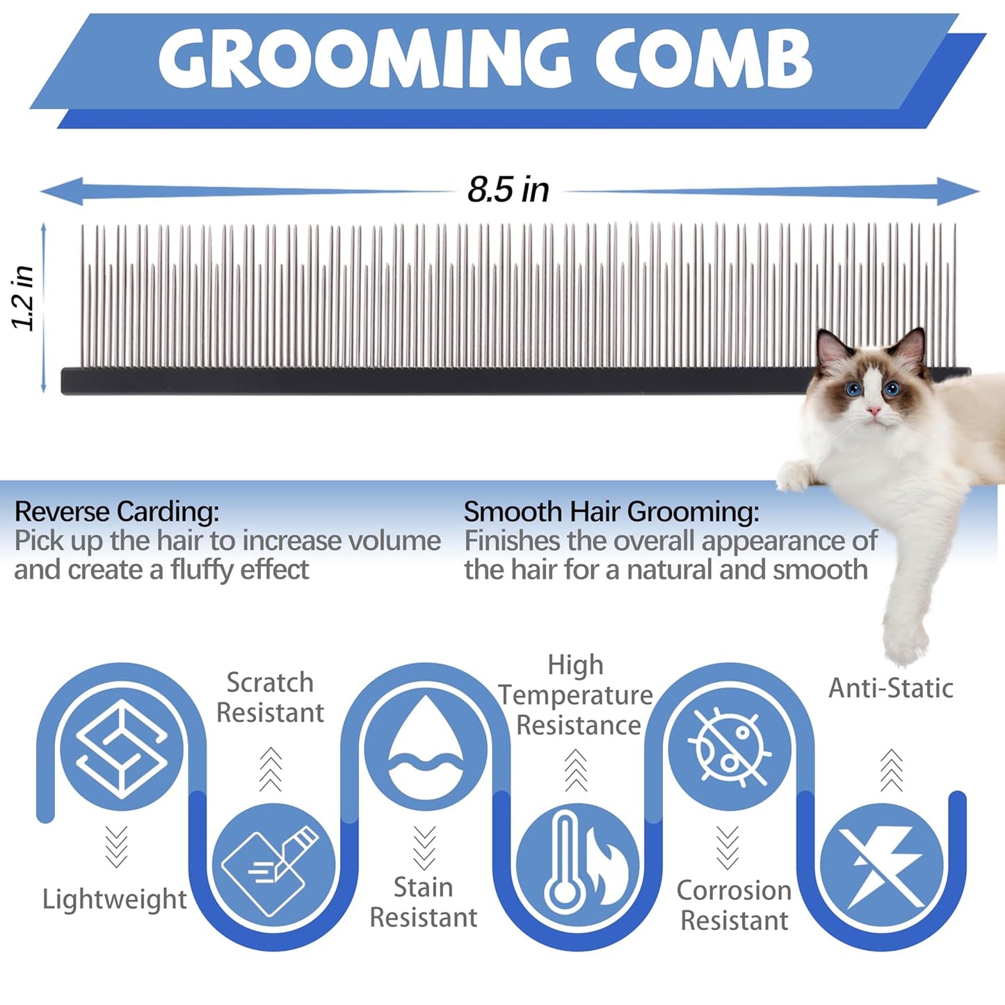 8.5 Inch Dual Tooth Pet Comb for Mats and Tangles,Poratable Grooming Dematting Comb for Indoor Long-haired Cats and Dogs,Pet Family Supplies,Removing Tangles,Knots,Undercoat and Excess Hair