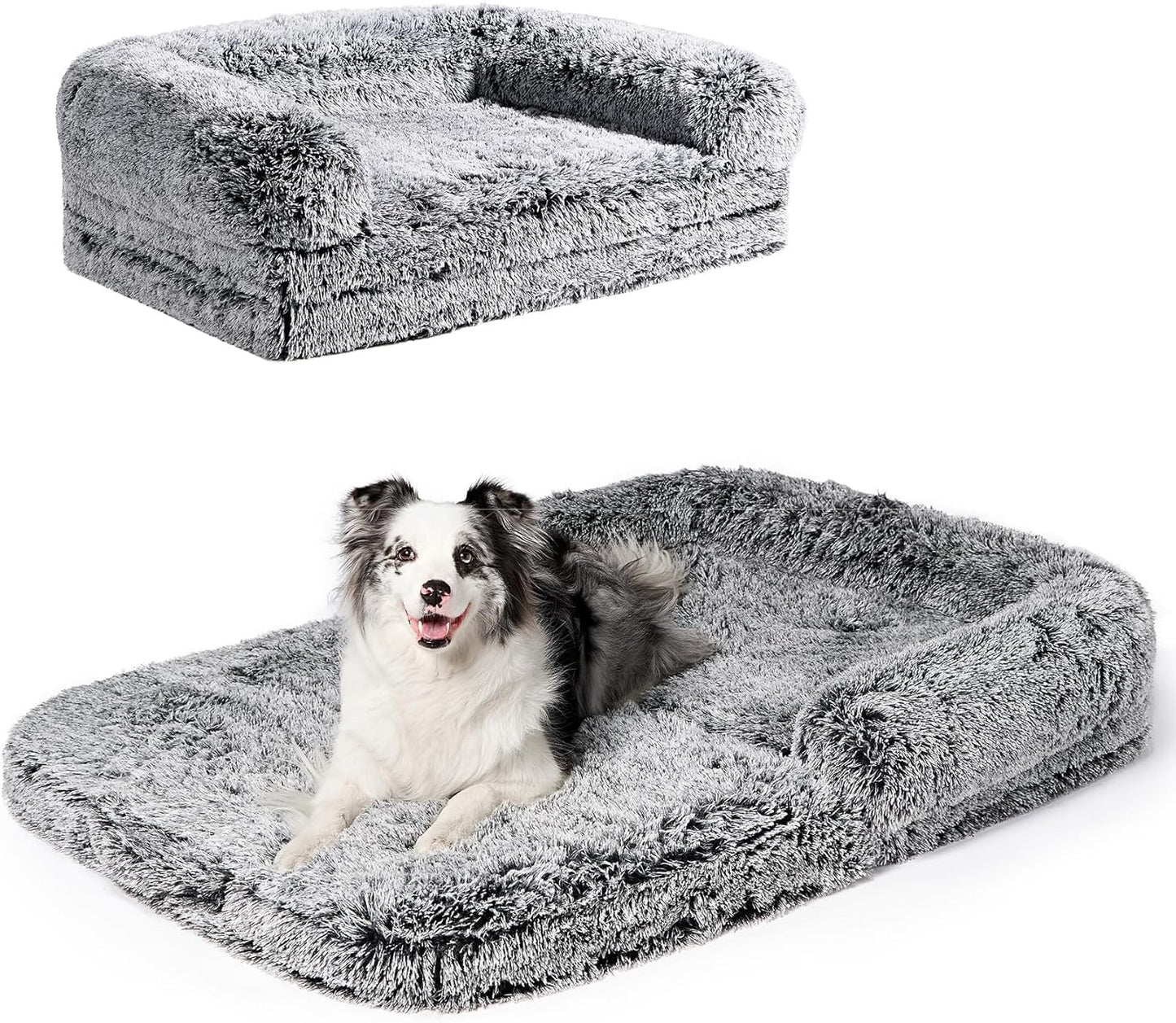 EHEYCIGA Foldable XXL Dog Bed for Large Sized Dog, 54"x38"x7.5" Faux Fur Fluffy Pet Couch Bed, Orthopedic Calming Memory Foam Big Pet Bed, Washable Pet Sofa Bed with Non-Slip Bottom, Dark Grey