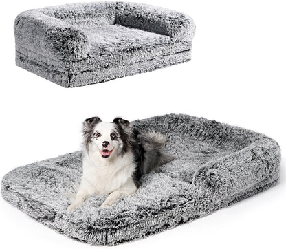 EHEYCIGA Foldable XXL Dog Bed for Large Sized Dog, 54"x38"x7.5" Faux Fur Fluffy Pet Couch Bed, Orthopedic Calming Memory Foam Big Pet Bed, Washable Pet Sofa Bed with Non-Slip Bottom, Dark Grey