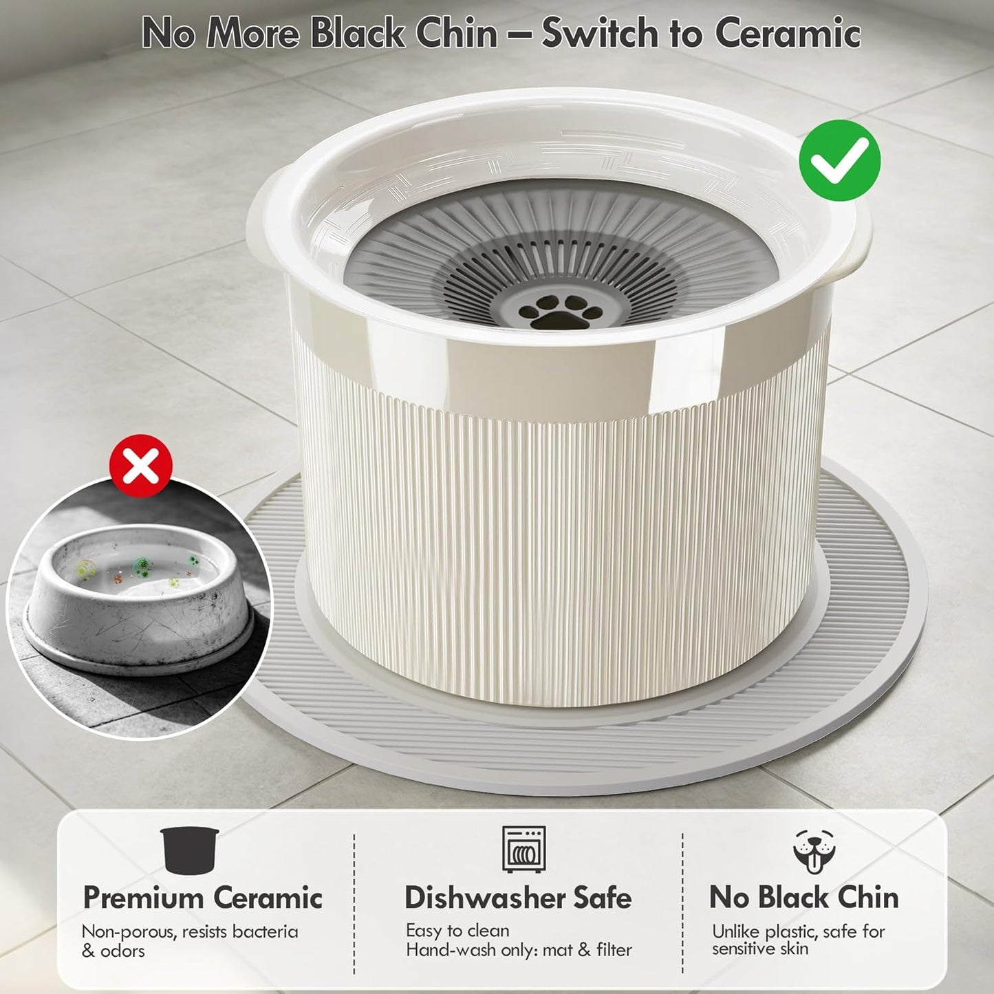 No Spill Ceramic Dog Water Bowl, Large Capacity Slow Drinking Bowl with Floating Disk & Filter, Heavy Duty Anti-Slip Bowl for Small to Medium Dogs, Cats & Multi-Pet Homes Indoor