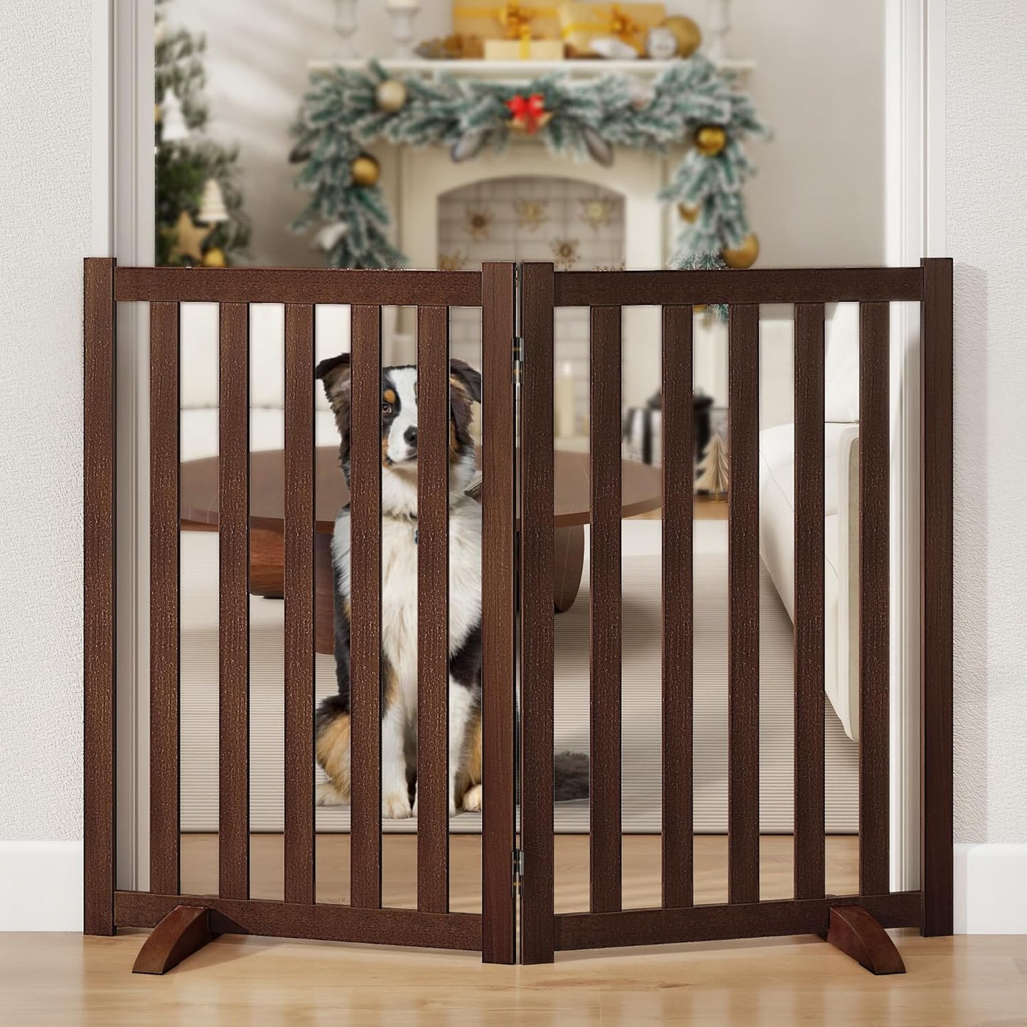 36" Height Extra Tall Freestanding Pet Gate, Solid Wood Folding Safety Fence Wooden Dog Gate with 2 PCs Support Feet Ideal for Stairs, Doorways, Halls, Kitchens, Heavy Duty Gates, 3 Panels, Oak