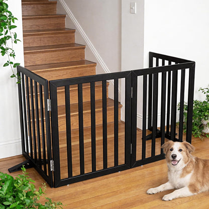 ZJSF Freestanding Indoor Dog Gate for House Foldable Wood Puppy Gate for Doorways Pet Gate for Stairs Extra Wide Pet Fence, Brown, 24" Height 3 Panels