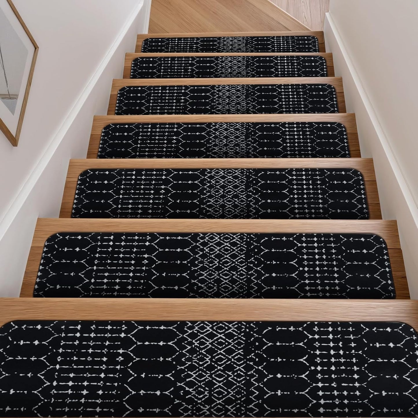 OJIA Boho Stair Treads Non-Slip Stair Runners for Wooden Steps Indoor 15PCS 30"x8" Washable Carpet Stair Treads Stair Mats Staircase Step Treads for Kids, Elders and Dogs, Stair Covers, Black