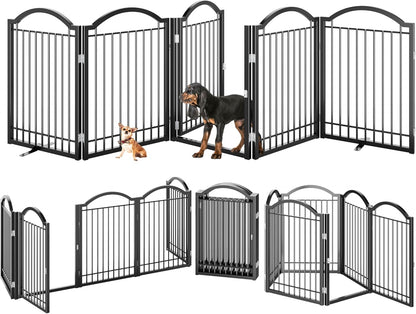 BHG Metal No-Assembly Freestanding Dog Gate with Door Walk Through, Extra Wide 144", Extra Tall 32" Pet Gate, Accordion Puppy Folding Playpen Dog Fence, with 2PCS Support (Black, 6 panesl)