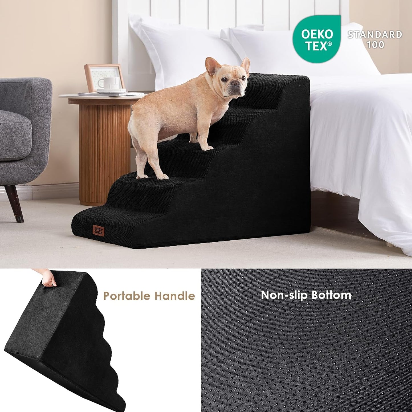 EHEYCIGA Curved Dog Stairs Ramp for High Beds 19.7" H, 4-Step Dog Steps for Small Dogs and Cats, Pet Stairs for High Bed Climbing, Non-Slip Balanced Pet Step Indoor, Grey