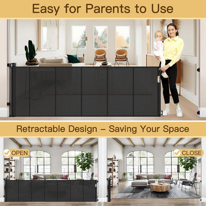 Reinforced 80 Inch Retractable Baby Gate Extra Wide Baby Gate for Wide Openings, Indoor/Outdoor Retractable Dog Gate for Doorway, Mesh Dog Gate Indoor Prevent Babies/Pets from Crawling Under, Black