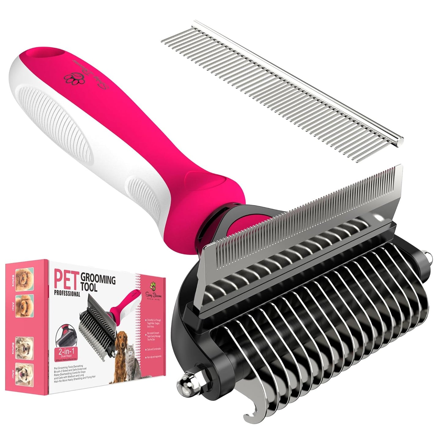 Spring Blossoms-2 in 1 Professional Grooming Rake for Cats & Dogs-Dematting Comb for Easy Mats & Tangles Removing,Pet Brush Safe No More Nasty Shedding and Flying Hair (Orange)