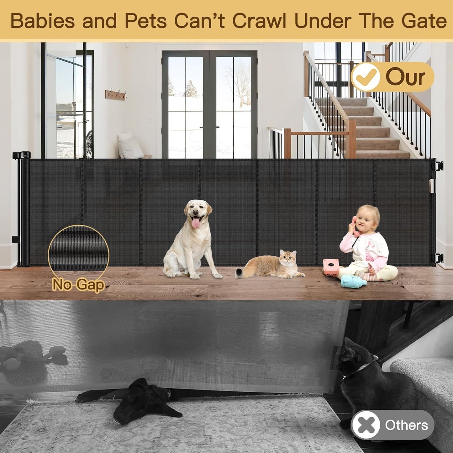 Reinforced 80 Inch Retractable Baby Gate Extra Wide Baby Gate for Wide Openings, Indoor/Outdoor Retractable Dog Gate for Doorway, Mesh Dog Gate Indoor Prevent Babies/Pets from Crawling Under, Black