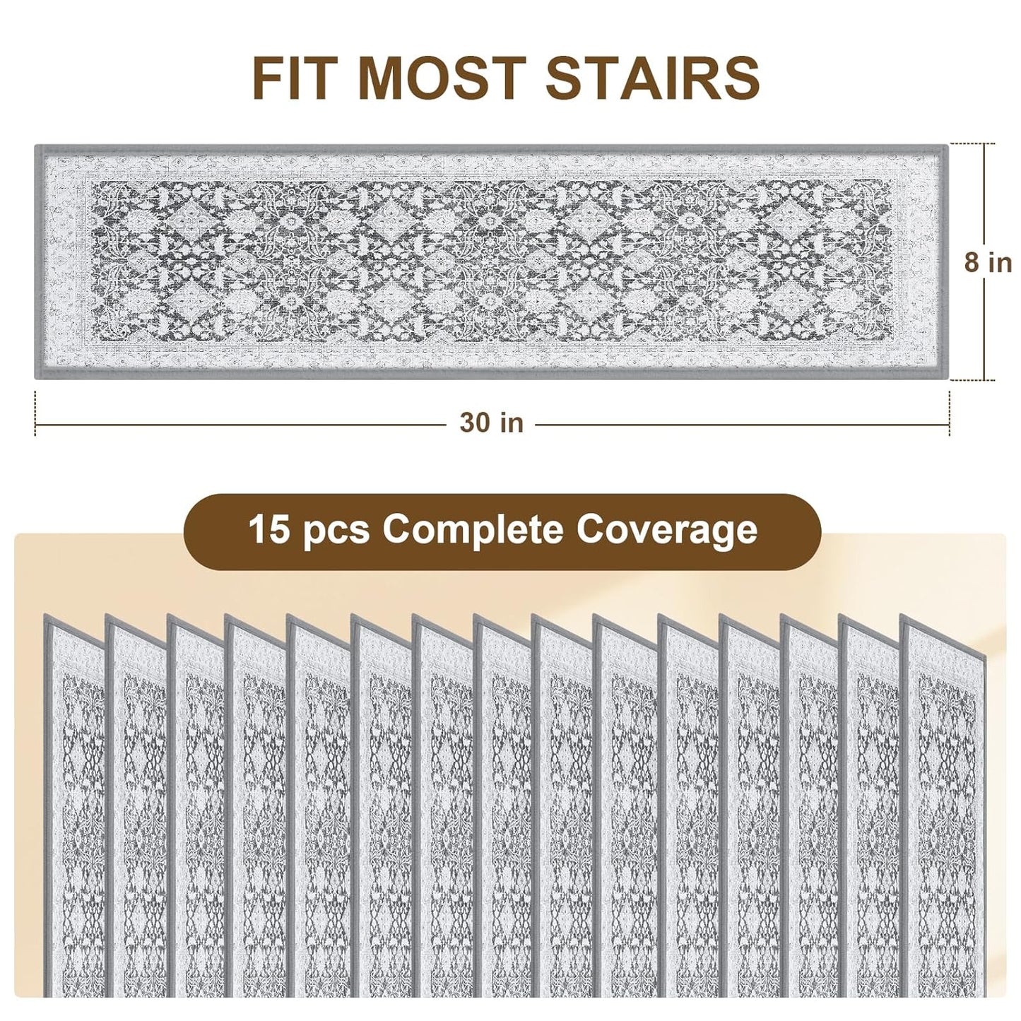 Non Slip Stair Treads for Wooden Steps Indoor, Dark Grey, 15pcs, 30"X8", Soft Carpet Mat, Machine Washable Boho Carpet Treads with Reusable Adhesive Backing, Safety Stair Tread for Dogs, Kids, Elders