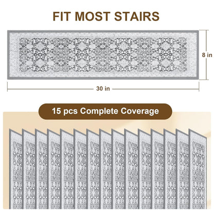 Non Slip Stair Treads for Wooden Steps Indoor, Dark Grey, 15pcs, 30"X8", Soft Carpet Mat, Machine Washable Boho Carpet Treads with Reusable Adhesive Backing, Safety Stair Tread for Dogs, Kids, Elders