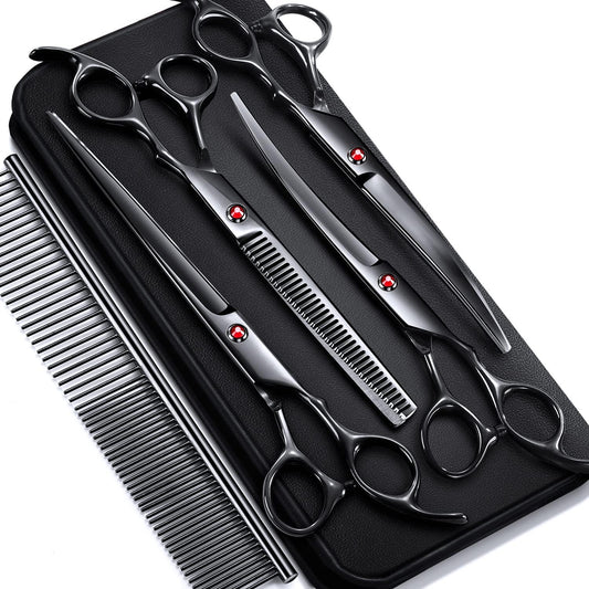 Gimars Titanium Coated Professional 6 in 1 4CR Stainless Steel Dog Grooming Scissors with Safety Round Tip, Heavy Duty Pet Grooming Scissor for Dogs, Cats and Other Animals