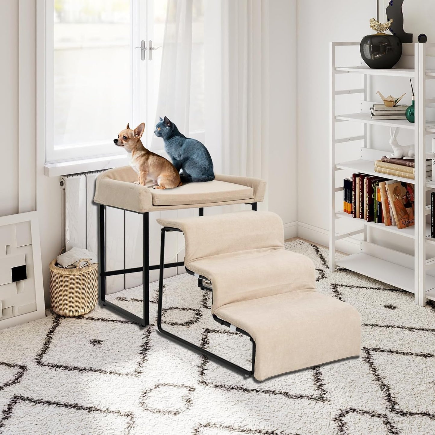 Stairs for Dogs to get on Bed 3-Step Pet Ramp for High Beds Sponge Dog Ramp Non-Slip Washable Cover The Sturdy Iron Frame with Anti-Slip Points Ideal for Small Dogs Cats Senior Pets with Joint Issues